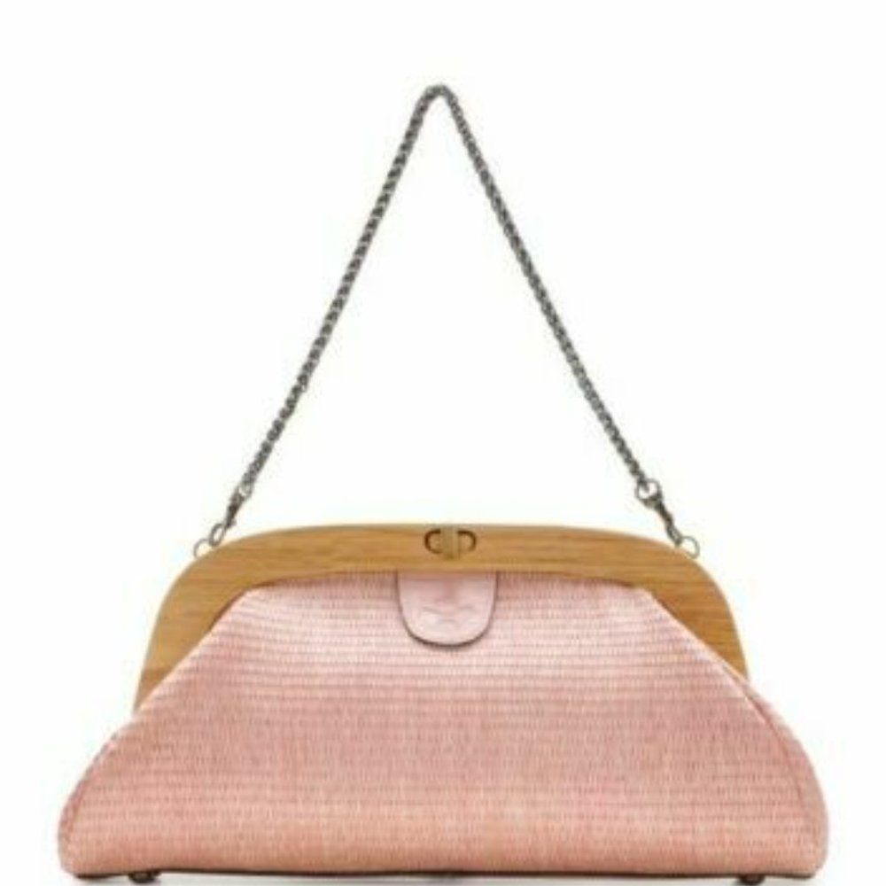 Beautiful Patricia Nash Ferrara Raffia Pink Wooden Handle Clutch/Satchel, NWOT